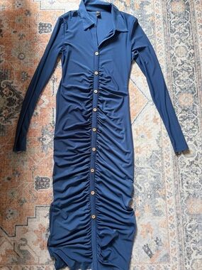 SHEIN Navy Long Sleeve Ruched Button-Front Midi Dress